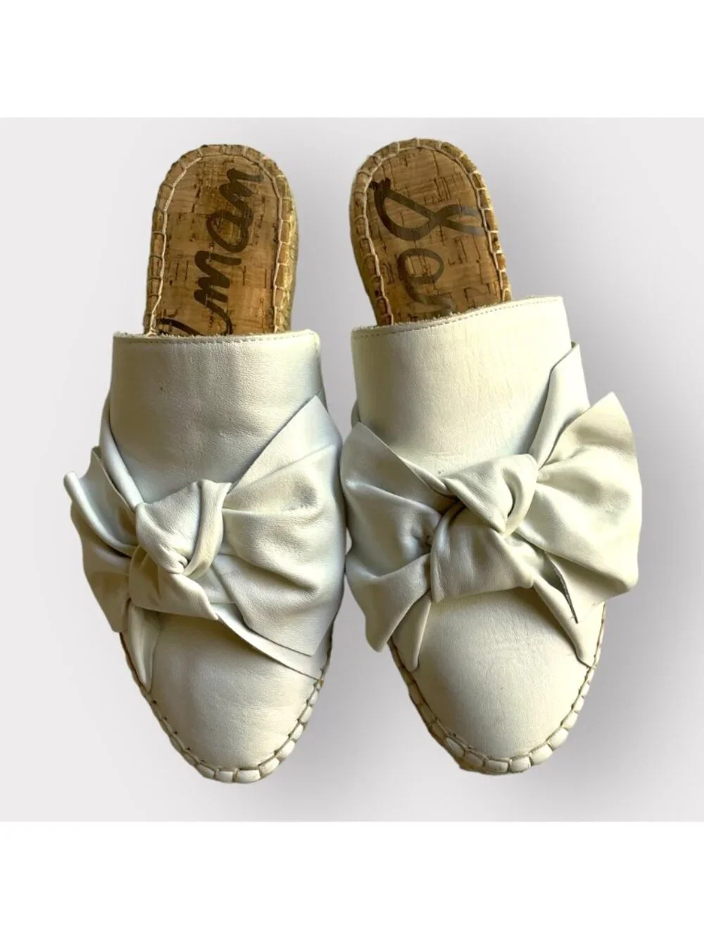 Sam Edelman Size 7.5 White Lynda Leather Bow Espadrille Slide Sandals Mule Shoes